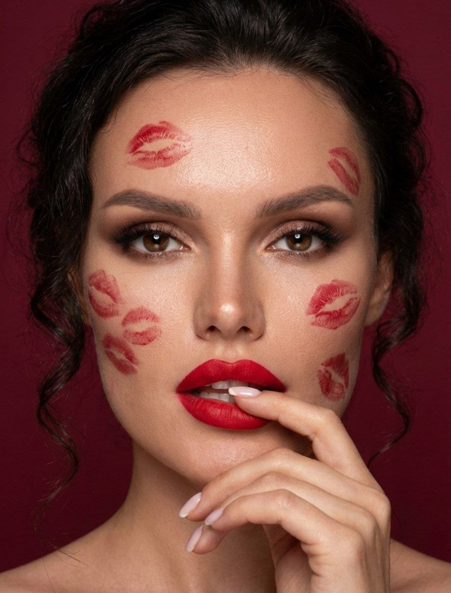 Beauty editorial portrait with lipstick kisses