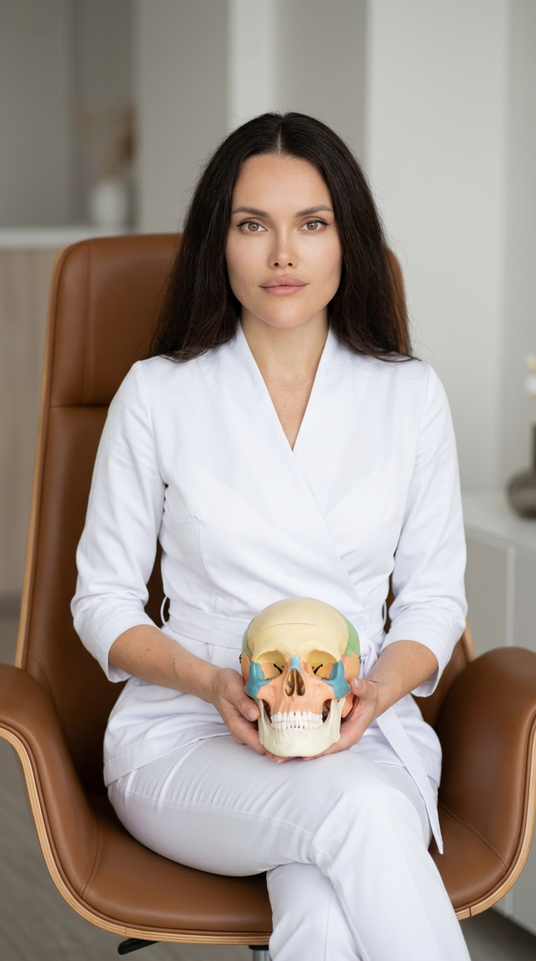 Victoria Romanova holding an anatomical skull model